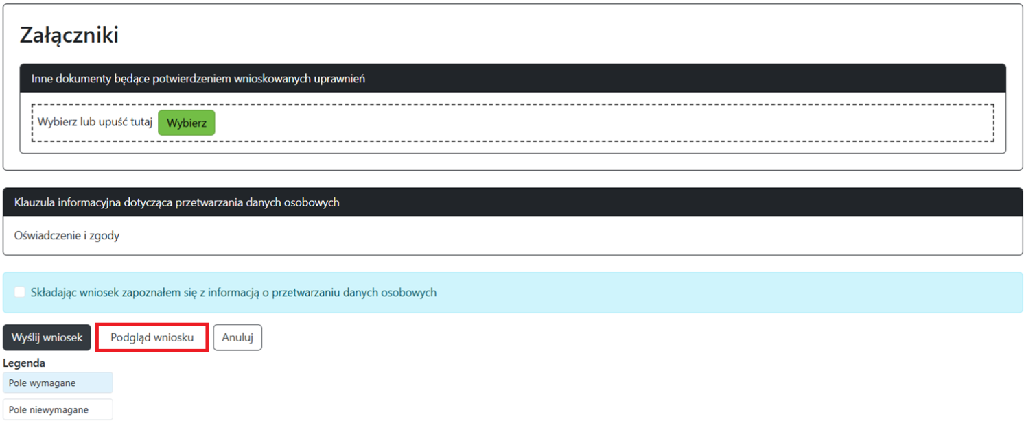 Widok okna wniosku z zaznaczoną opcją podglądu