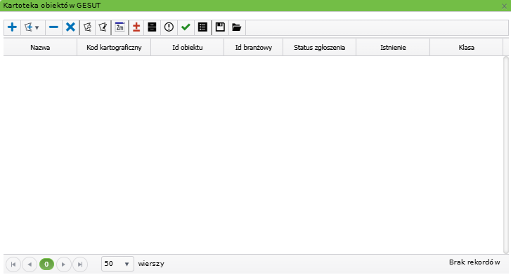 Widok okna kartoteki obiektów GESUT