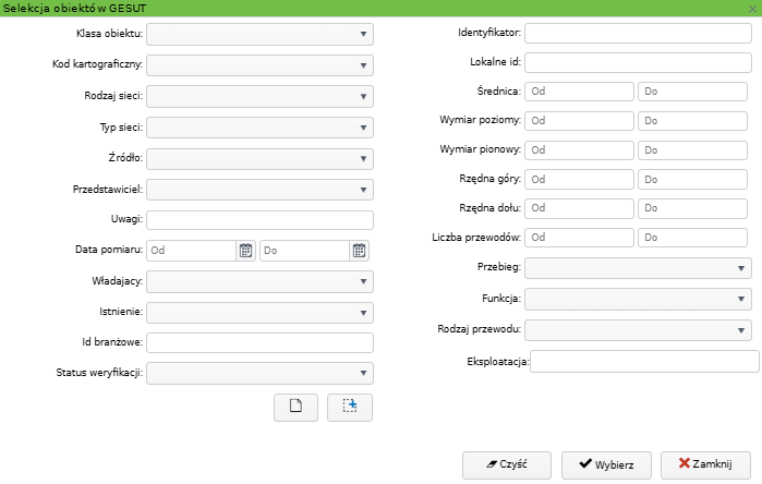 Widok okna selekcji obiektów GESUT