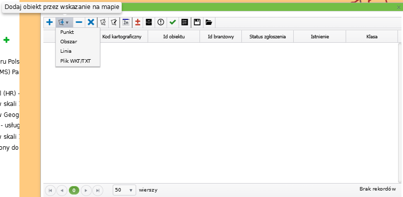 Widok okna kartoteki obiektów GESUT