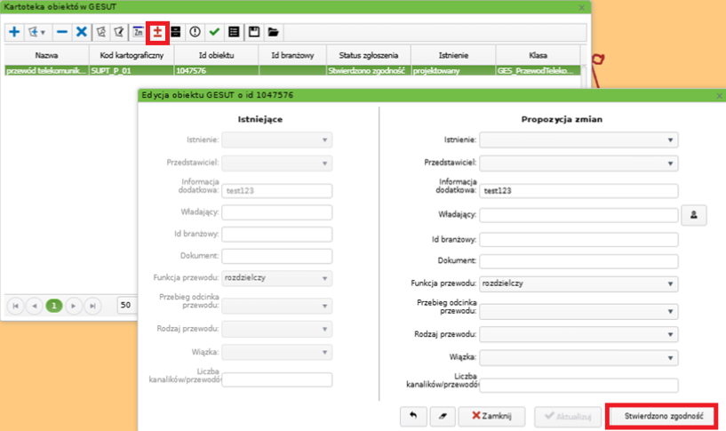 Widok okna kartoteki i edycji obiektów GESUT