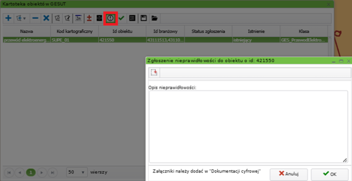 Widok okna zgłoszenia nieprawidłowości do obiektu