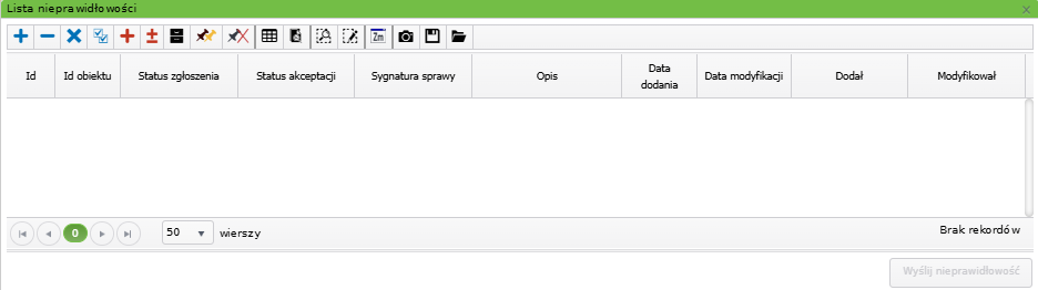 Widok okna listy nieprawidłowości