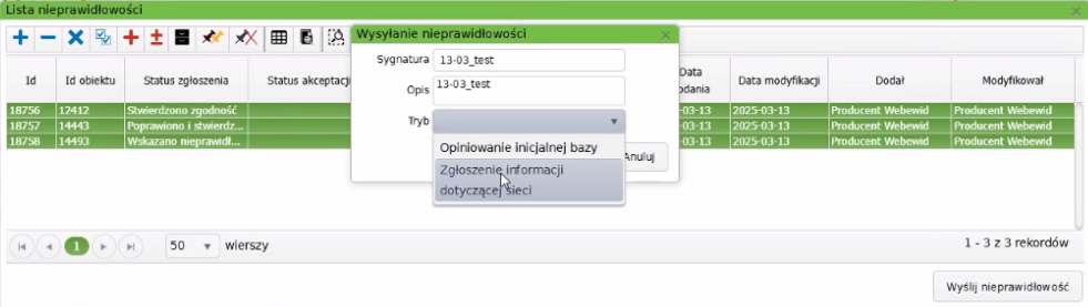 Widok okna listy nieprawidłowości