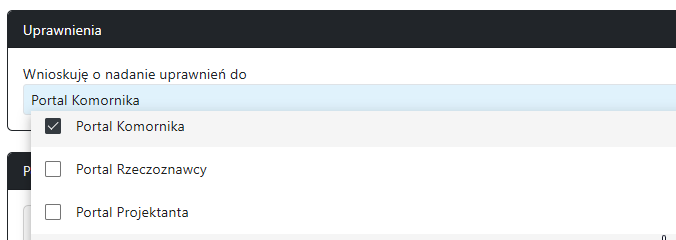 Widok pola uprawnień z rozwiniętą listą wyboru