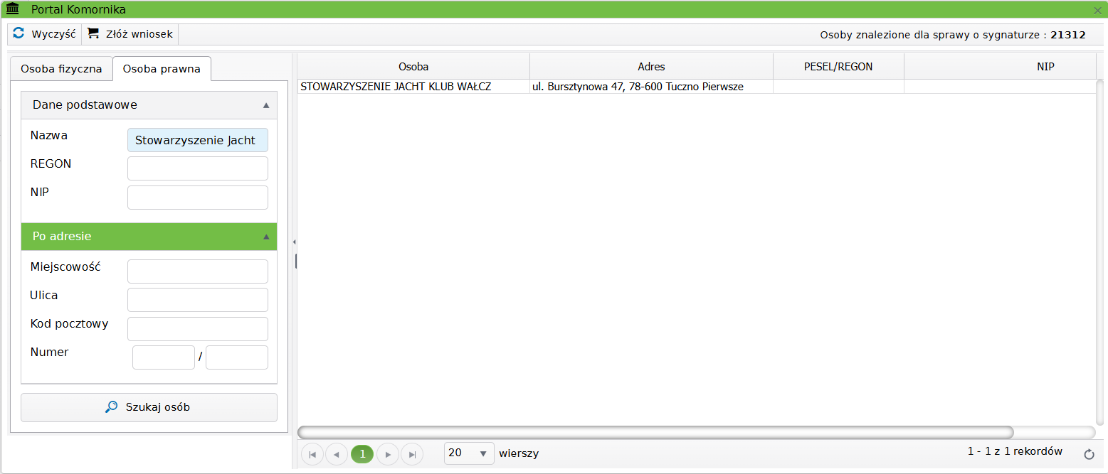 Widok okna wyszukiwania osoby prawnej portalu komornika