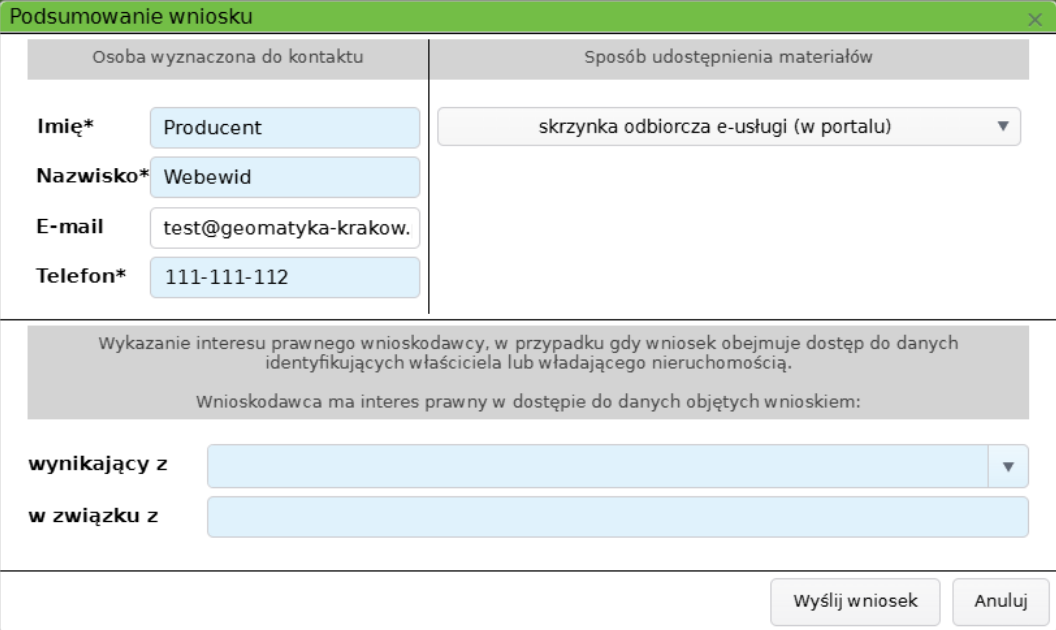 Widok okna z informacjami osoby zamawiającej