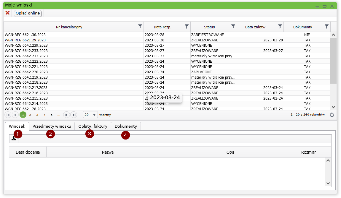 Widok okna z wylistowaną historią wniosków w zakładce dokumenty wychodzące
