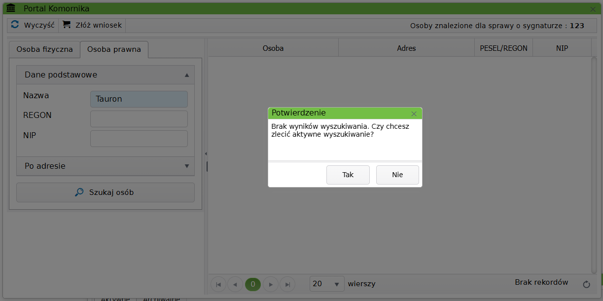 Widok okna portalu komornika z potwierdzeniem