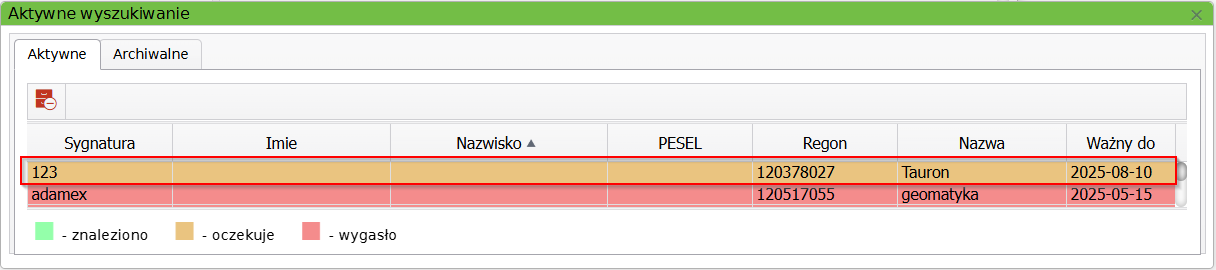 Widok okna aktywnego wyszukiwania