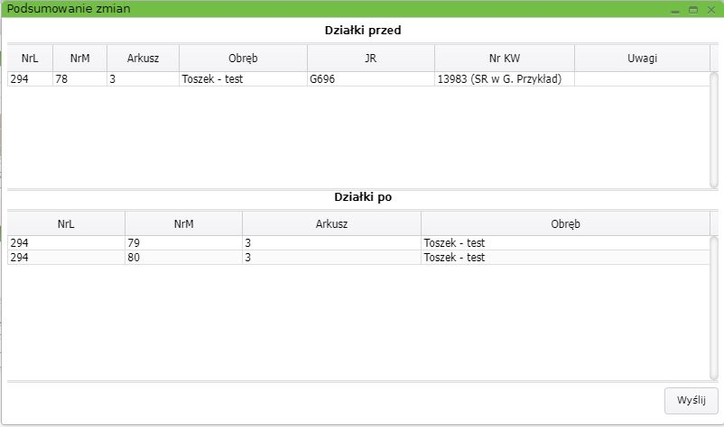 Widok okna podsumowania zmian