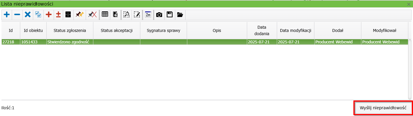 Widok okna listy nieprawidłowości