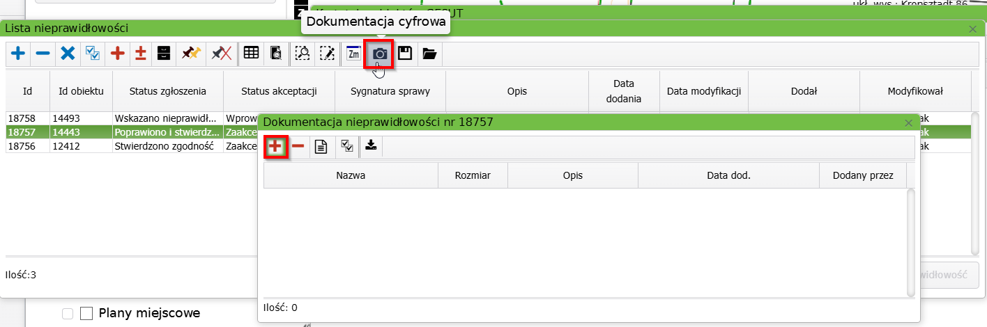 Widok okna listy nieprawidłowości i okna dokumentacji nieprawidłowości