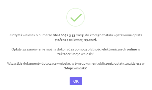 Widok okna potwierdzającego złożenie wniosku