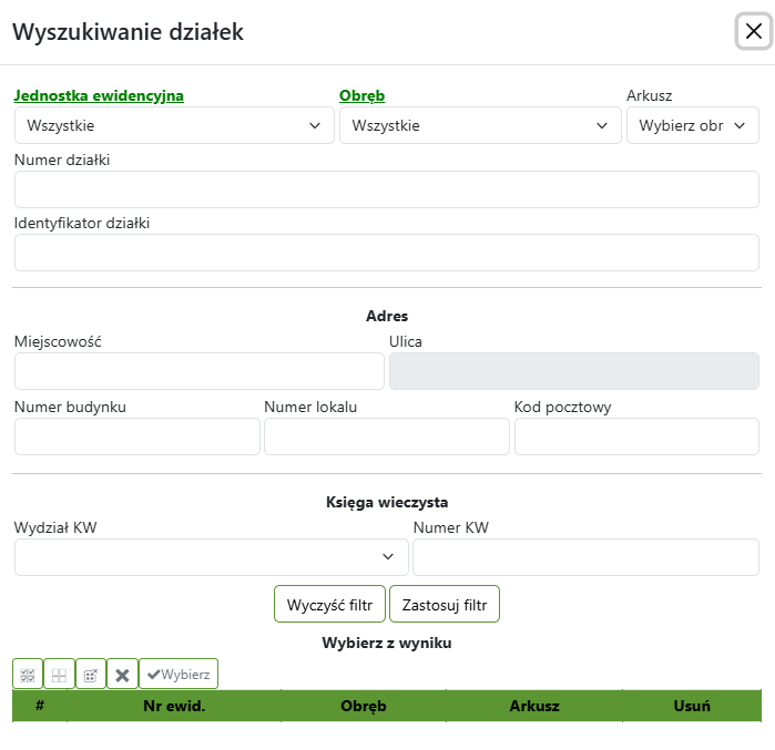 Widok okna selekcji działek