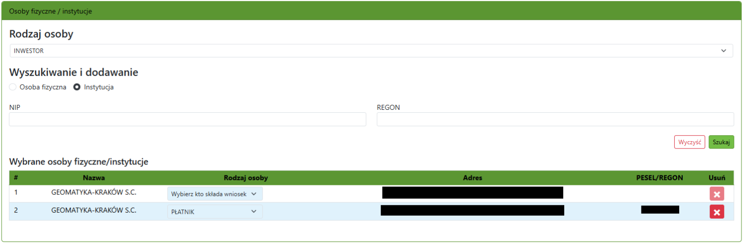 Widok fragmentu okna z danymi płatnika oraz inwestora