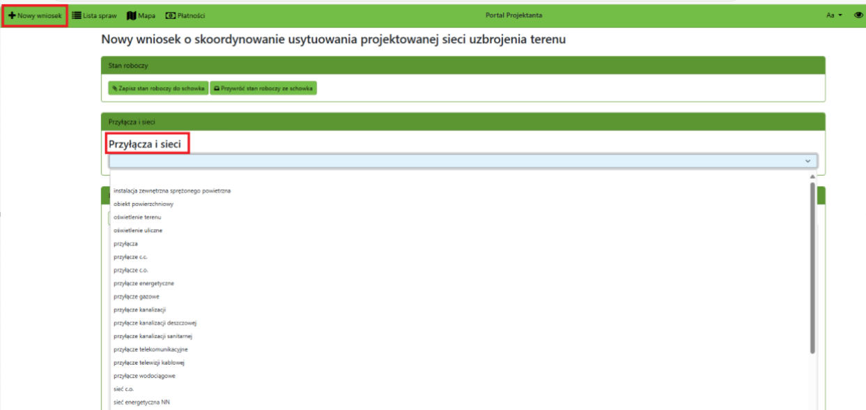 Widok rozwijalne listy wyboru przyłączy i sieci