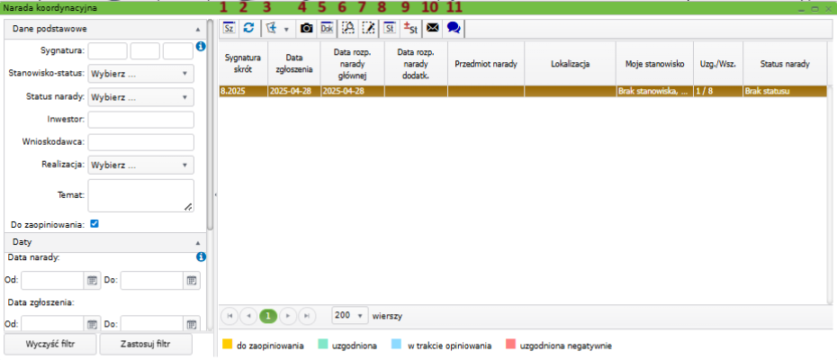 Widok okna głównego narady koordynacyjnej z ikonami zaznaczonymi czerwonymi cyframi od 1 do 10