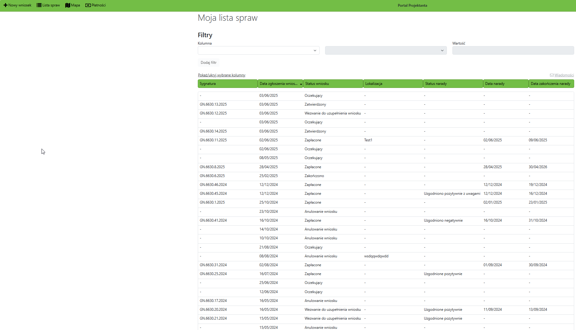 Widok okna z listą spraw