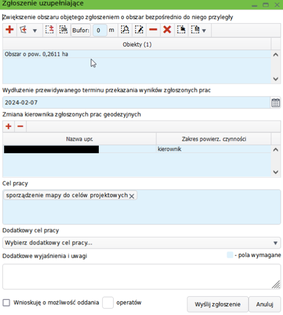Widok okna zgłoszenia uzupełniającego