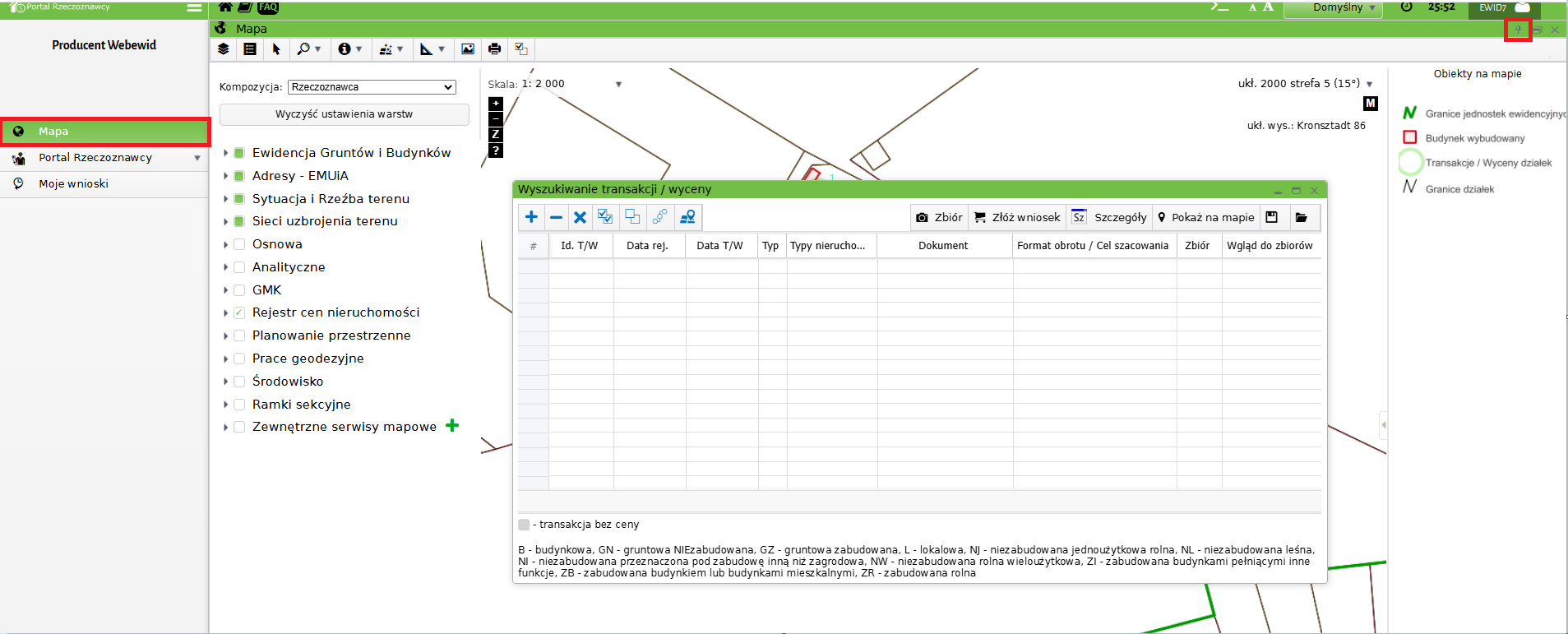 Widok okna portalu i okna wyszukiwania transakcji/wyceny