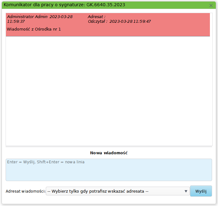 Widok okna z listą komunikatów dla pracy