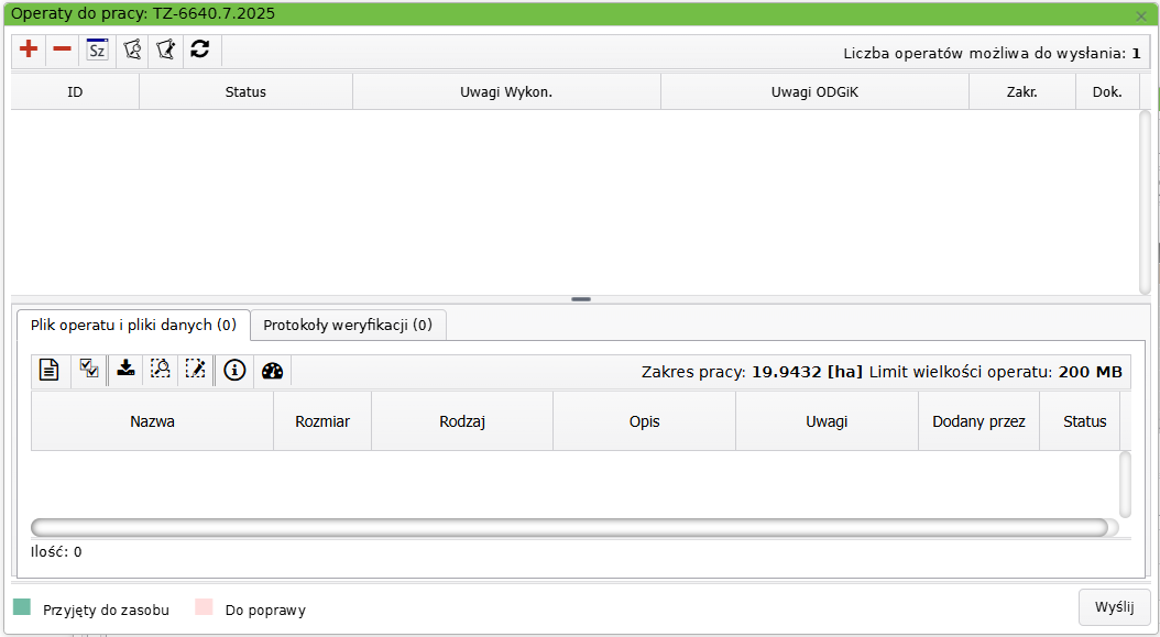 Widok okna operatów do pracy