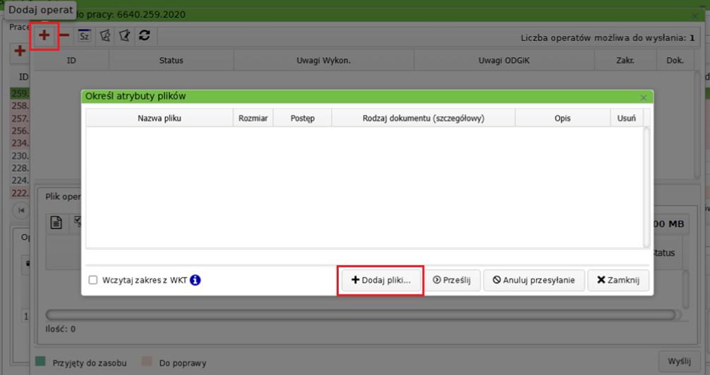Widok okna dodawania operatów z zaznaczoną ikoną plusa i opcją dodawania plików