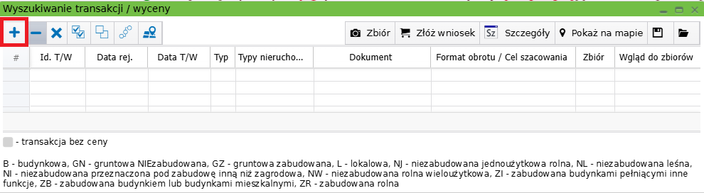 Widok okna wyszukiwania transakcji/wyceny z zaznaczoną ikoną niebieskiego plusa