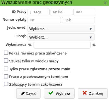 Widok okna wyszukiwania prac geodezyjnych
