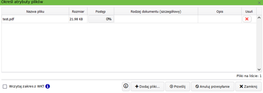 Widok okna określania atrybutów plików