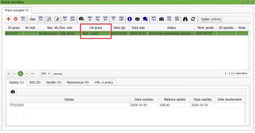 Widok okna portalu geodety