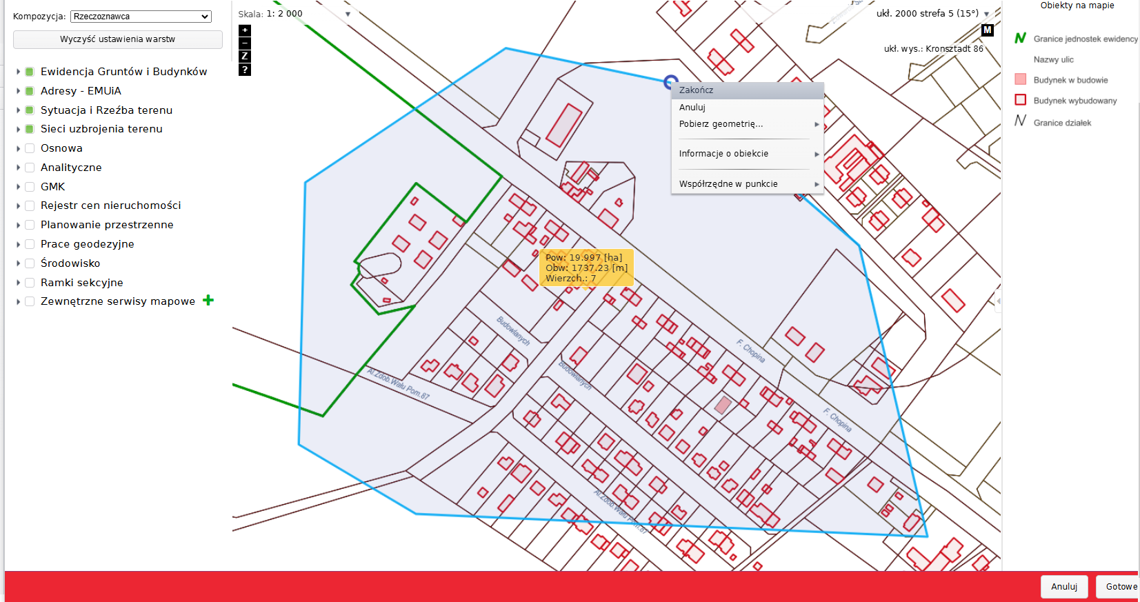 Widok okna mapy z zaznaczonym obszarem i podświetlonym podmenu