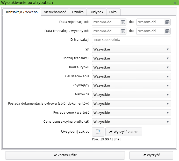Widok okna wyszukiwania po atrybutach z dodanym zakresem