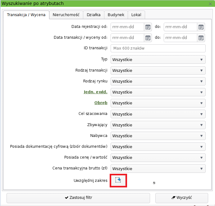 Widok okna wyszukiwania po atrybutach
