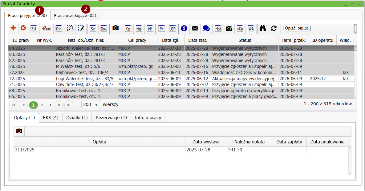 Widok okna portalu geodety z zaznaczonymi zakładkami