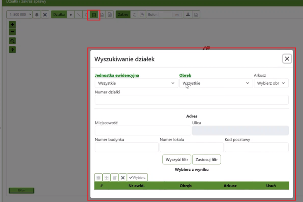 Widok okna wyszukiwania działek