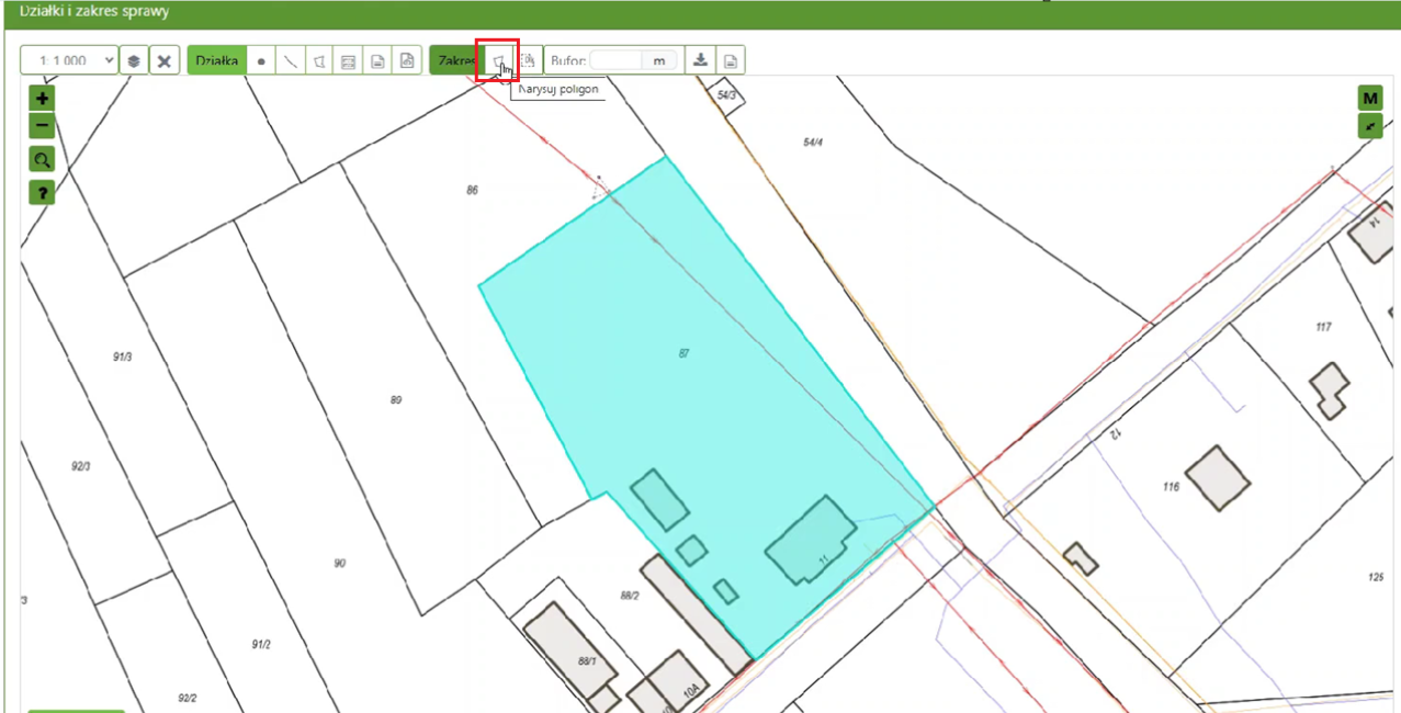 widok mapy z zaznaczoną ikoną rysowania poligonu