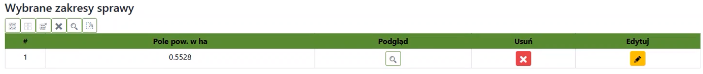 Widok wybranych zakresów sprawy