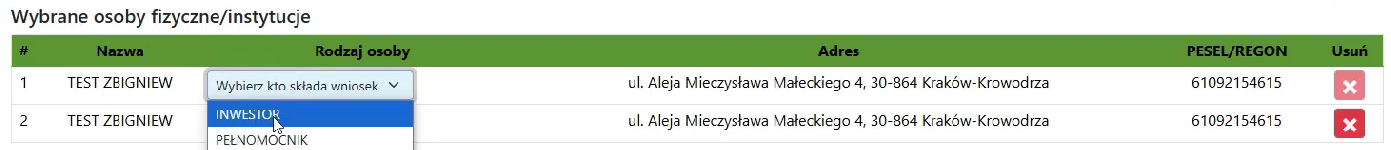 Widok pola wybierania osób fizycznych/instytucji