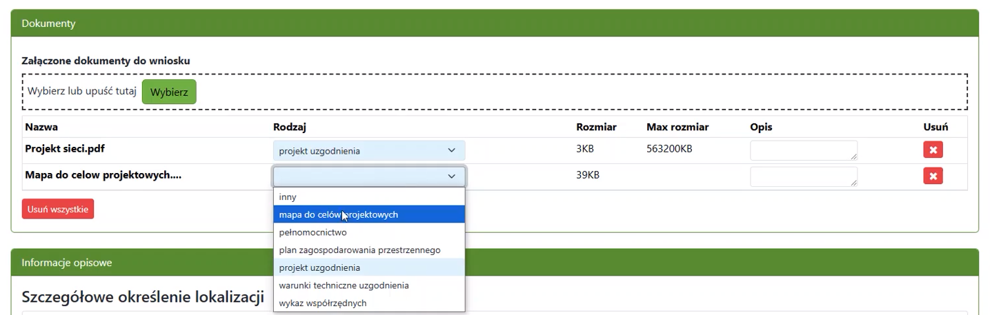 Widok pola z dokumentami i rozwijalnej listy wyboru rodzaju dokumentu