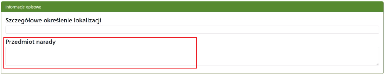 Widok pola z informacjami opisowymi do uzupełnienia