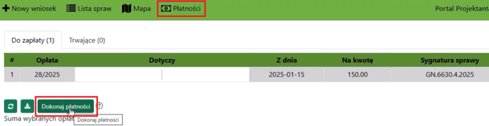 Widok zakładki z płatnościami