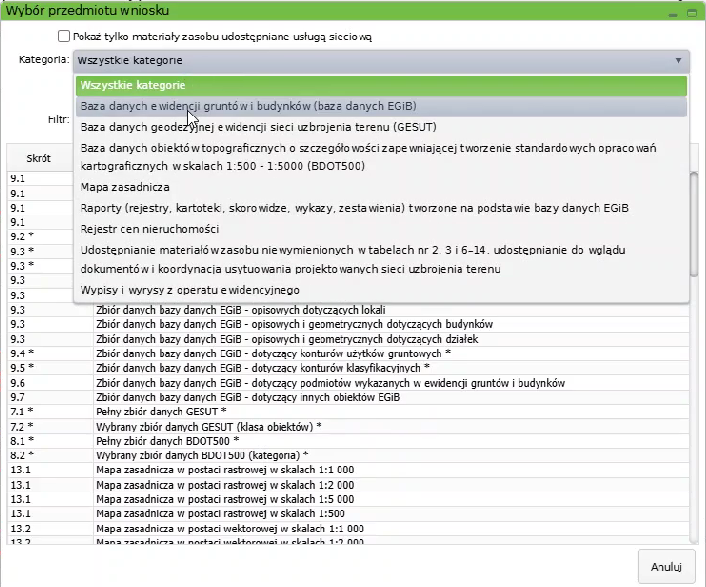 Widok okna wyboru przedmiotu wniosku