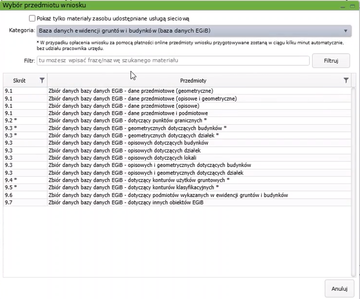 Widok okna wyboru przedmiotu wniosku
