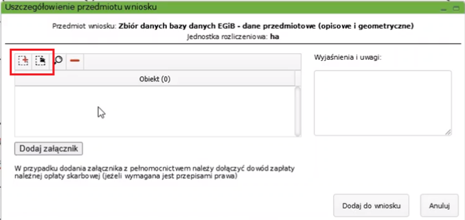 Widok okna z uszczegółowieniem przedmiotu wniosku