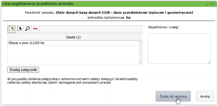Widok okna z uszczegółowieniem wniosku z wczytanym obszarem na liście