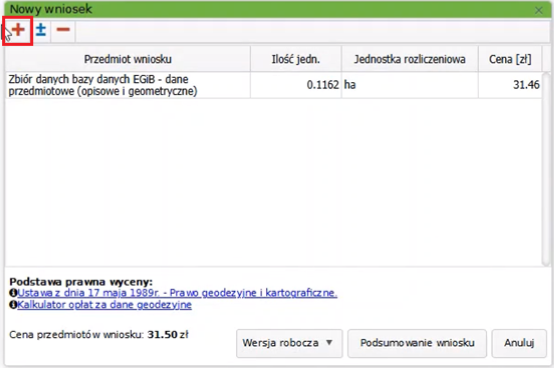 Widok okna nowego wniosku z wczytanym przedmiotem