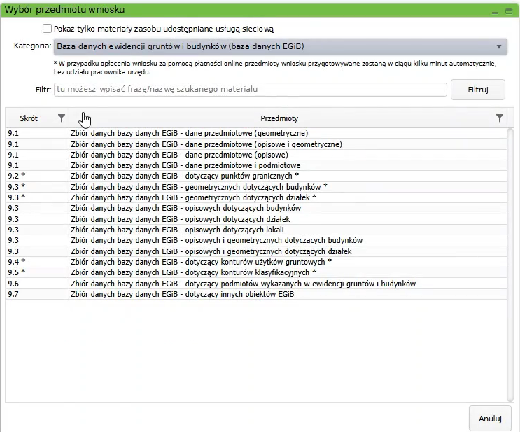 Widok okna wyboru przedmiotu wniosku