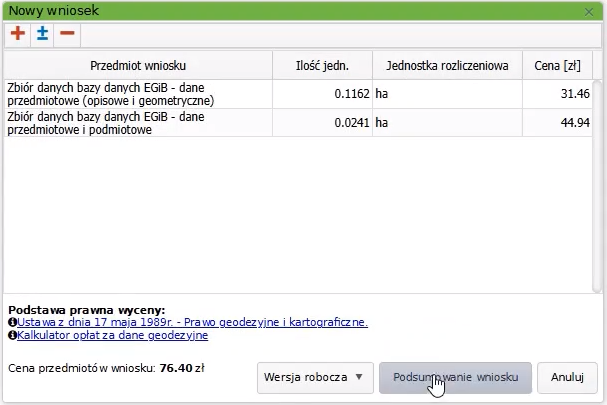 Widok okna nowego wniosku z wczytanymi pozycjami na liście